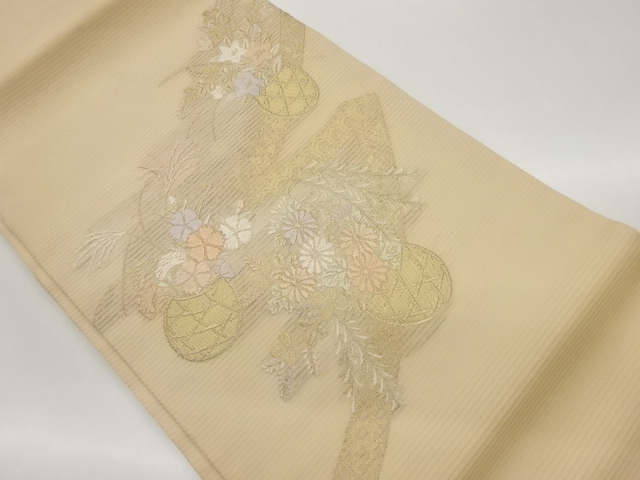 絽花籠に古典柄模様織出し名古屋帯